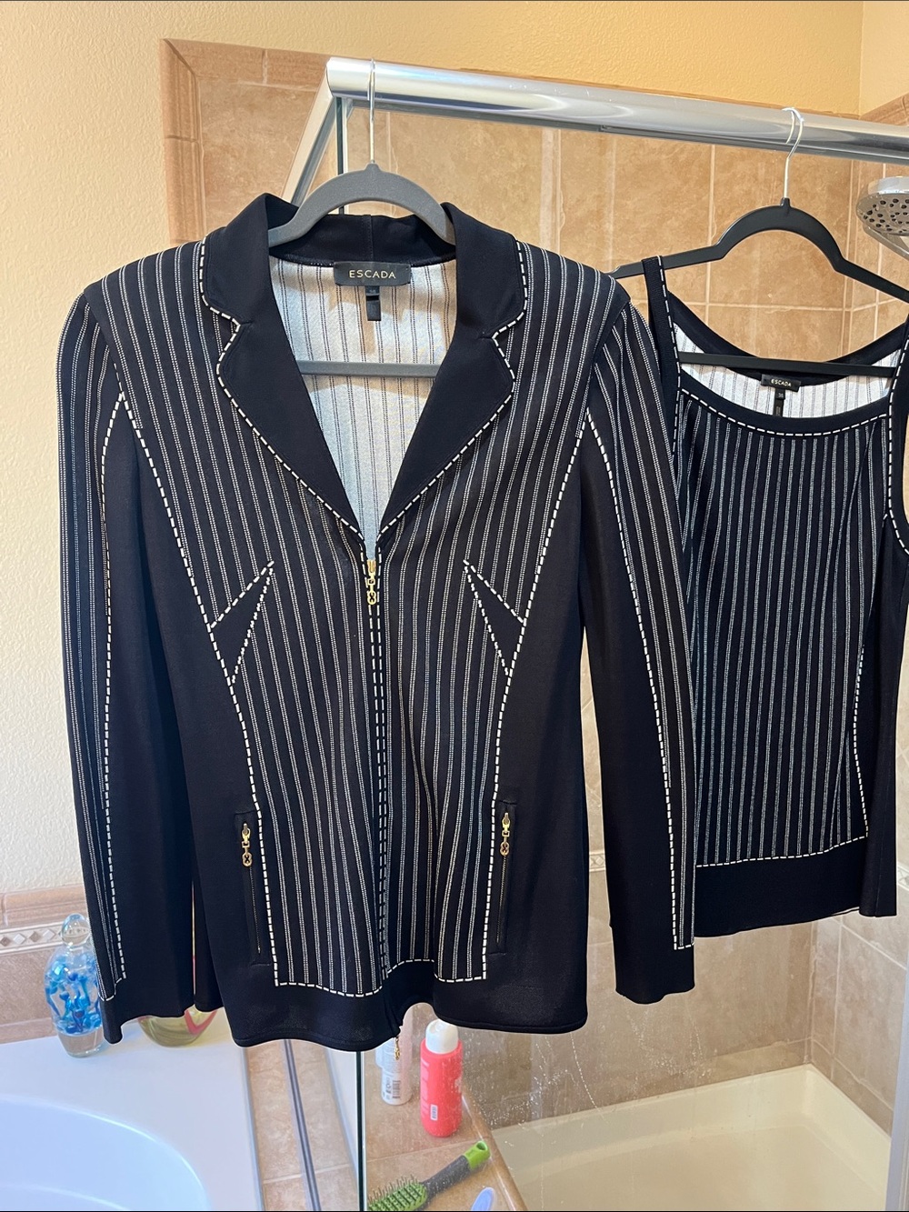 Escada Black Pinstripe Zip-Front Blazer with Contrast Stitching